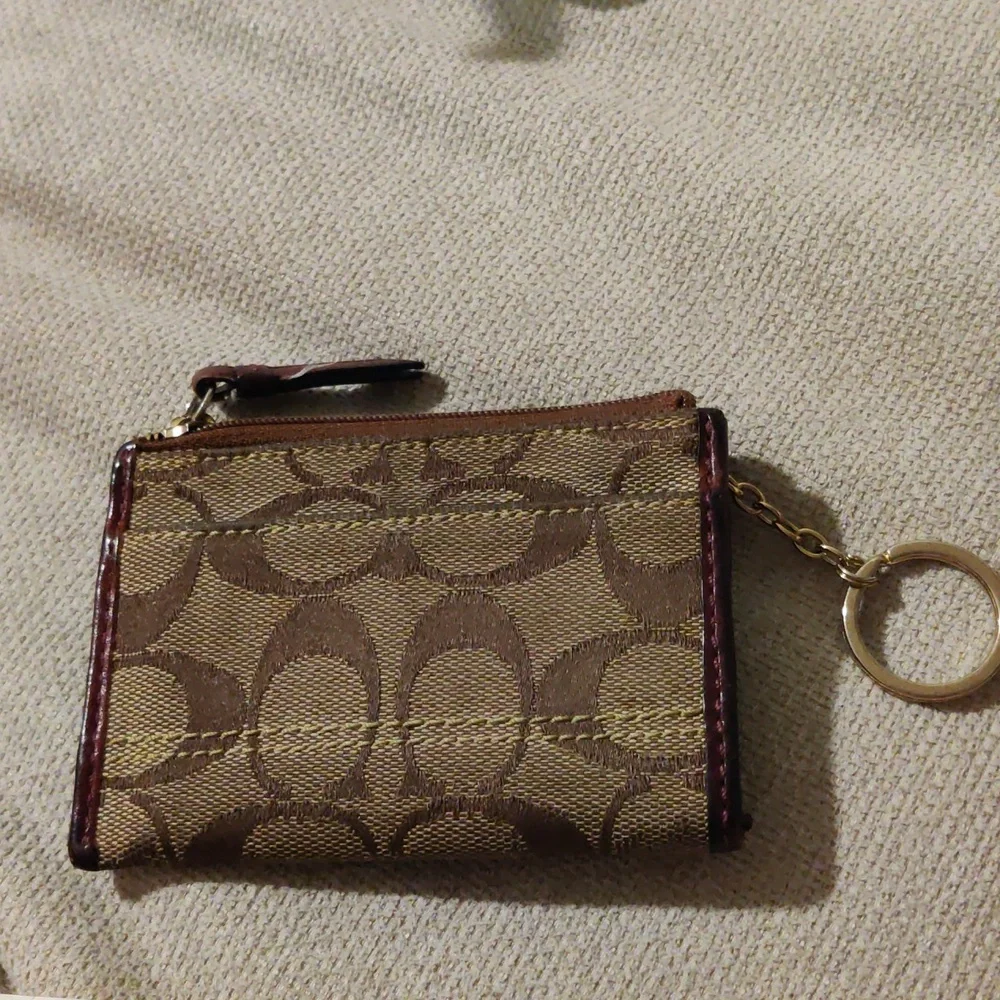 Coach Vintage Tan and Brown Signature Jacquard Card Holder Keychain Pouch